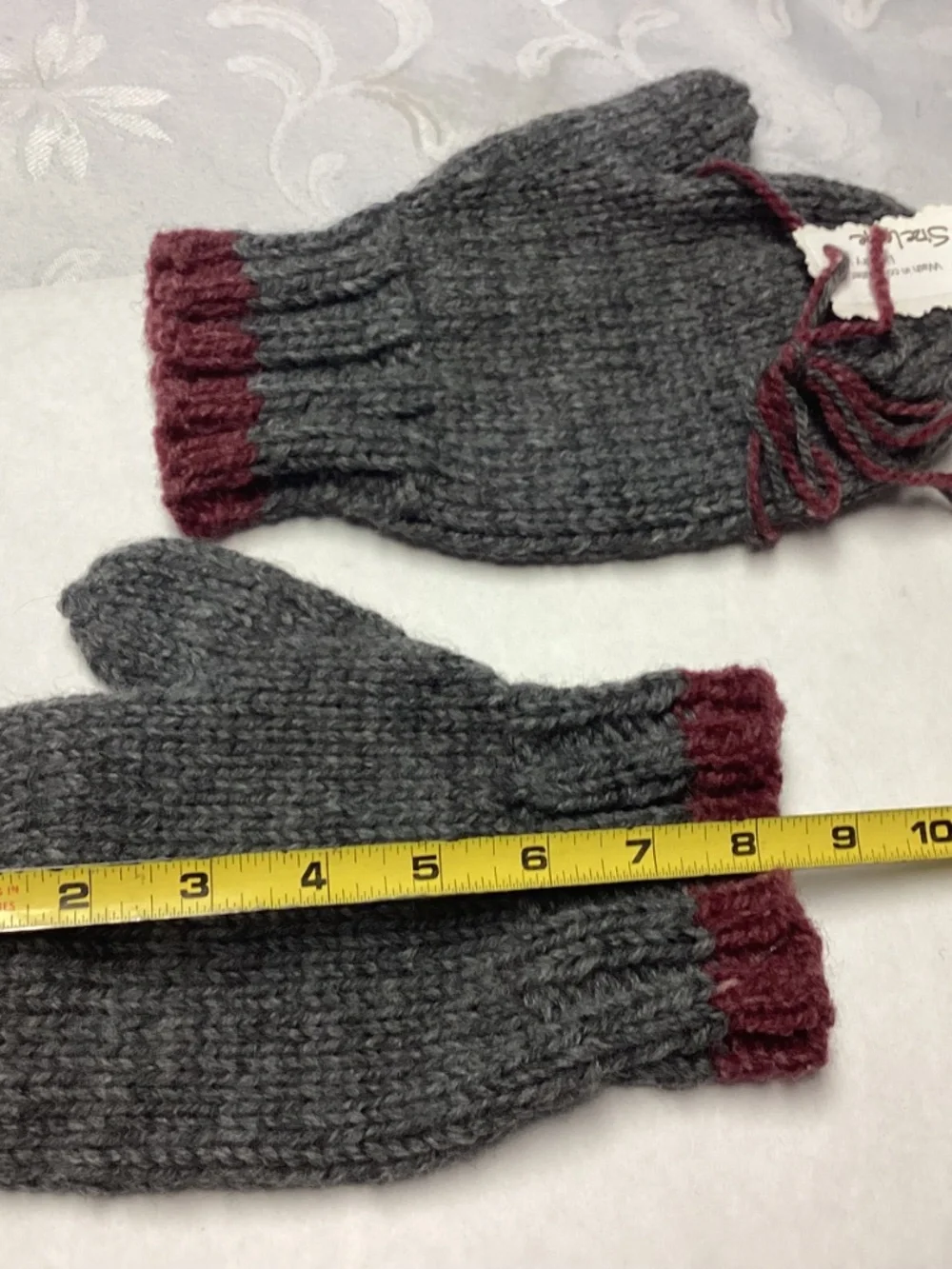 Hand made wool Mittens . Lovely never worn  GRAY BURGUNDY STRIPE UNISEX.